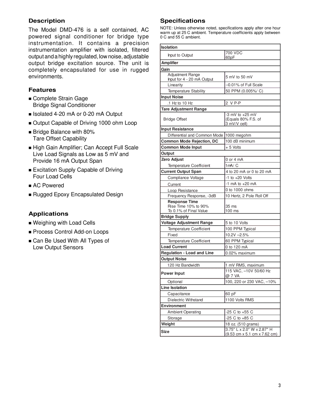 Omega DMD-476 manual Description, Features, Applications, Specifications 