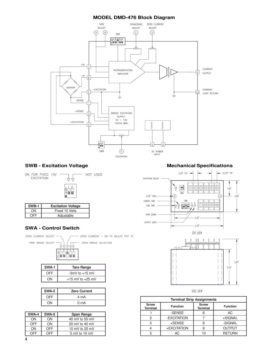 Omega DMD-476 manual Excitation Voltage, Tare Range, Terminal Strip Assignments 