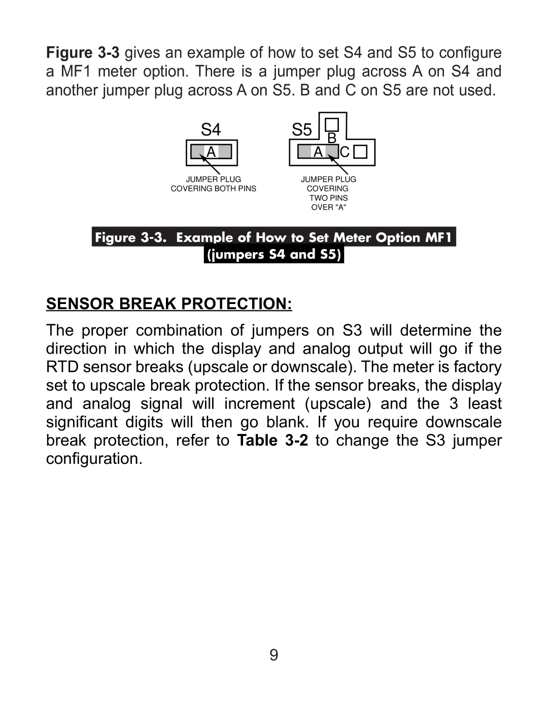 Omega DP119-RTD manual Sensor Break Protection, Example of How to Set Meter Option MF1 Jumpers S4 and S5 