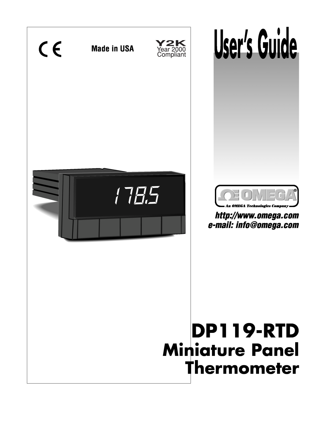 Omega DP119-RTD manual Miniature Panel, Thermometer, UserÕs Guide, Made in USA, e-mail info@omega.com 