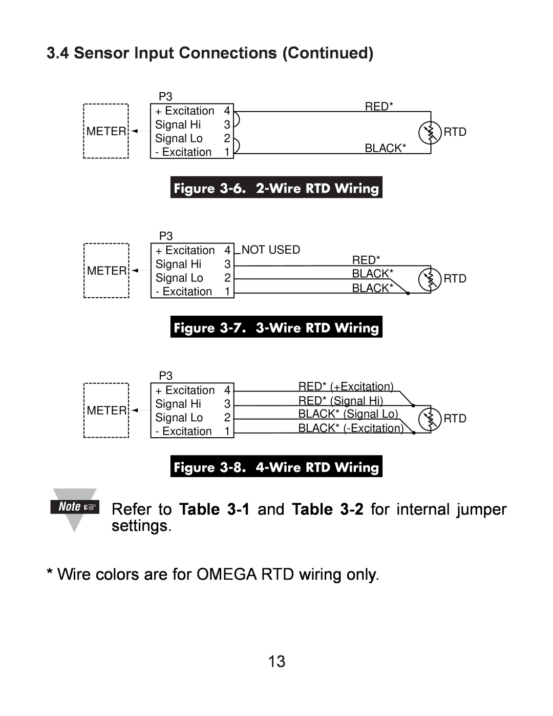 Omega DP119-RTD manual Sensor Input Connections Continued, Note Refer to -1 and -2 for internal jumper settings 