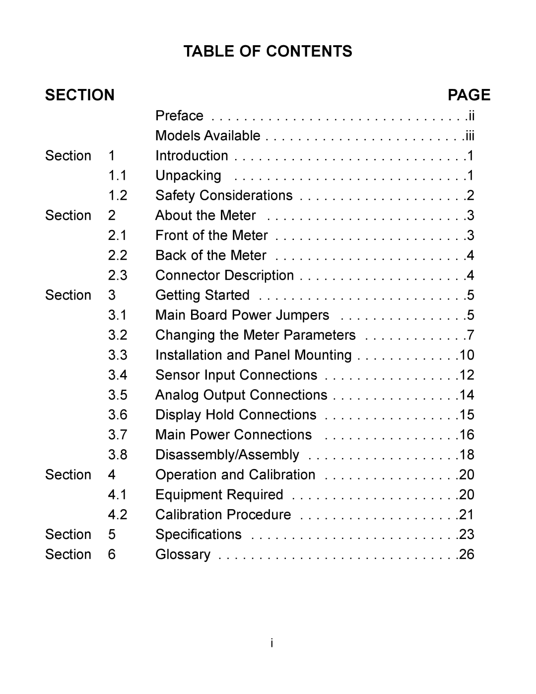 Omega DP119-RTD manual Table Of Contents, Section, Page 