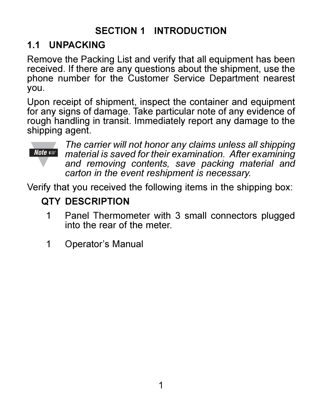 Omega DP119-RTD manual INTRODUCTION 1.1 UNPACKING, Qty Description, carton in the event reshipment is necessary 