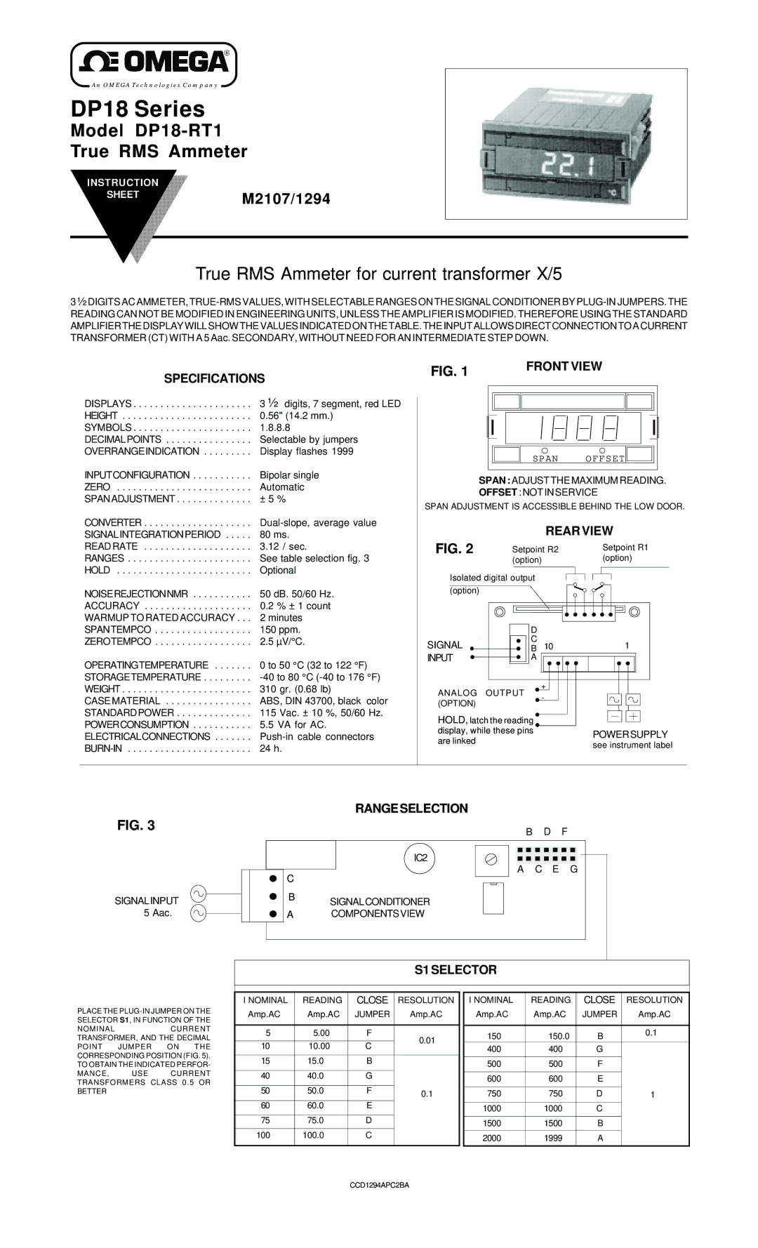 Omega DP18-RT1 specifications Specifications, Front View, Rear View, Range Selection, S1 Selector 