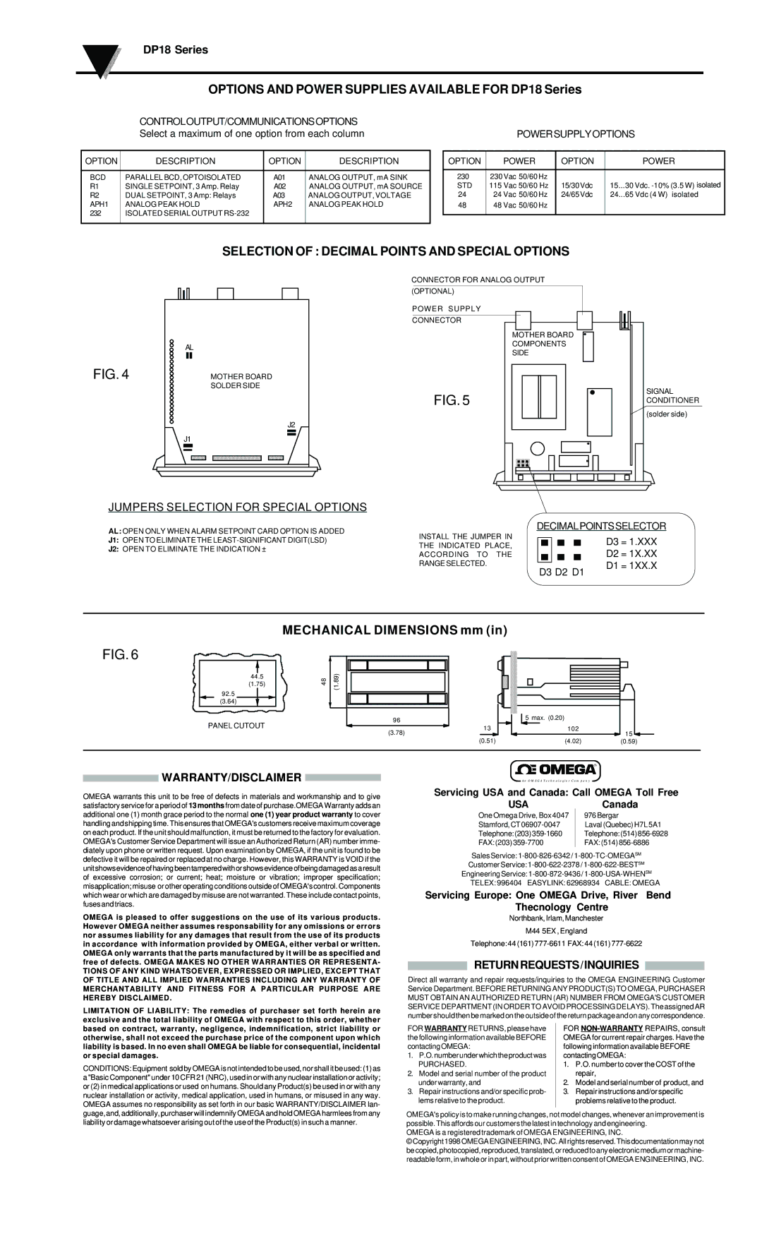 Omega DP18-RT1 Selection of Decimal Points and Special Options, Controloutput/Communicationsoptions, Powersupplyoptions 