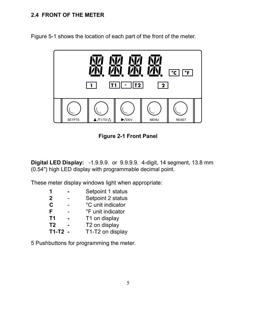 Omega DP26-RTD manual Front of the Meter, Shows the location of each part of the front of the meter 