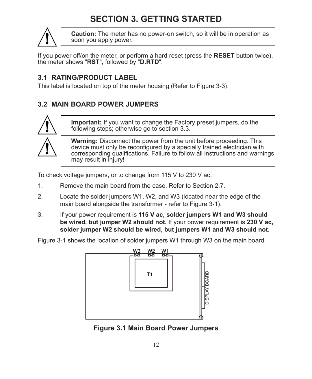 Omega DP26-RTD manual Getting Started, RATING/PRODUCT Label, Main Board Power Jumpers 