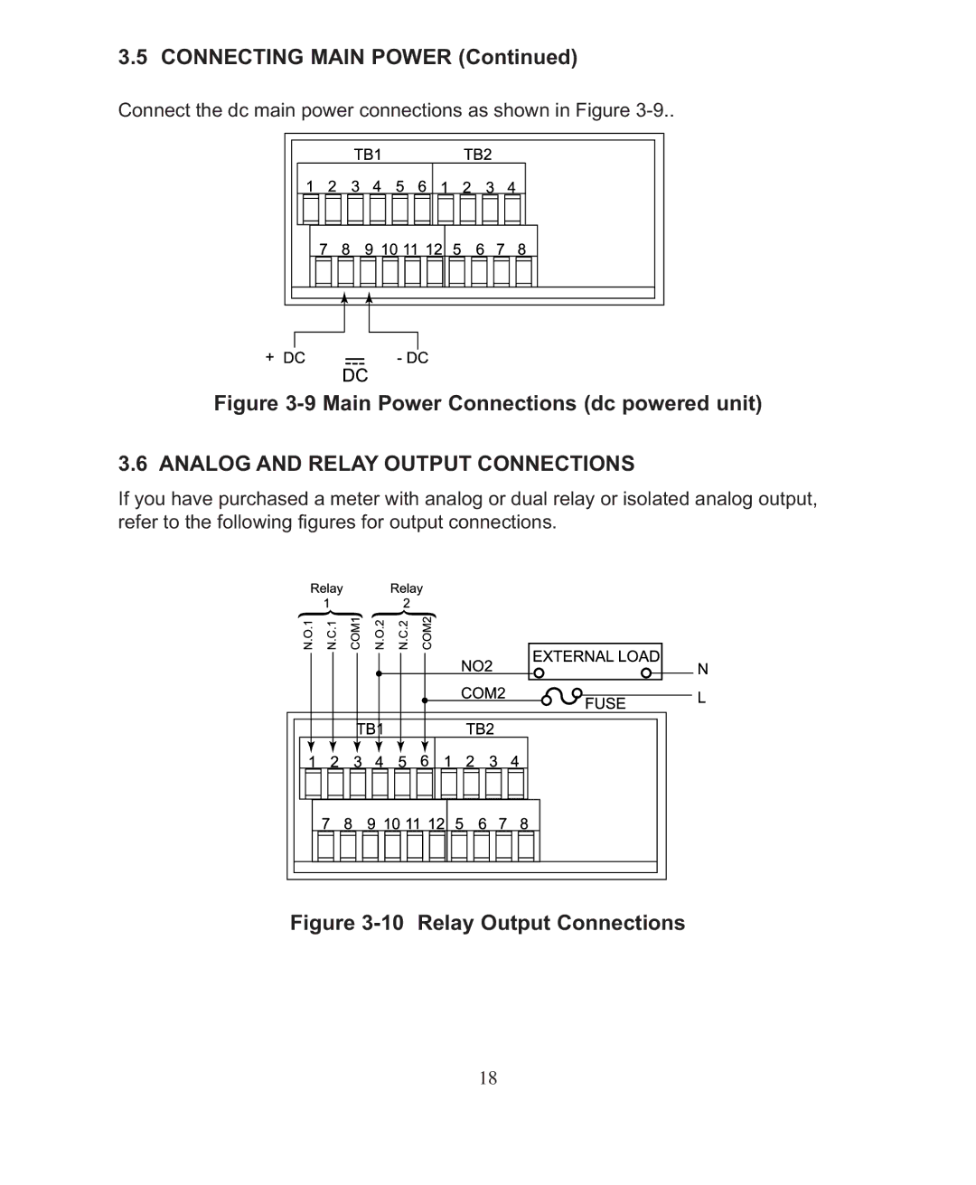 Omega DP26-RTD manual Main Power Connections dc powered unit, Analog and Relay Output Connections 