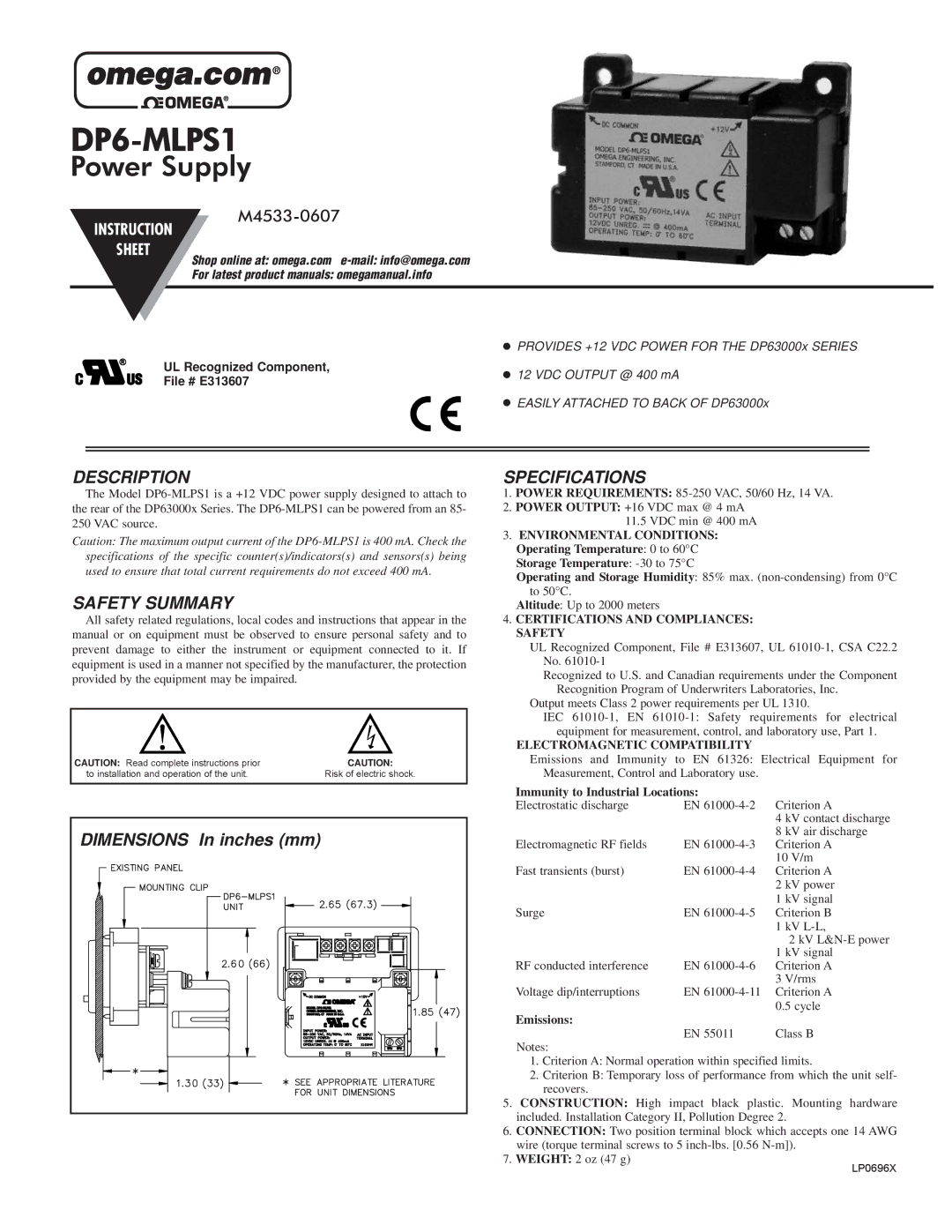 Omega DP6-MLPS1 instruction sheet Description, Safety Summary, Specifications 