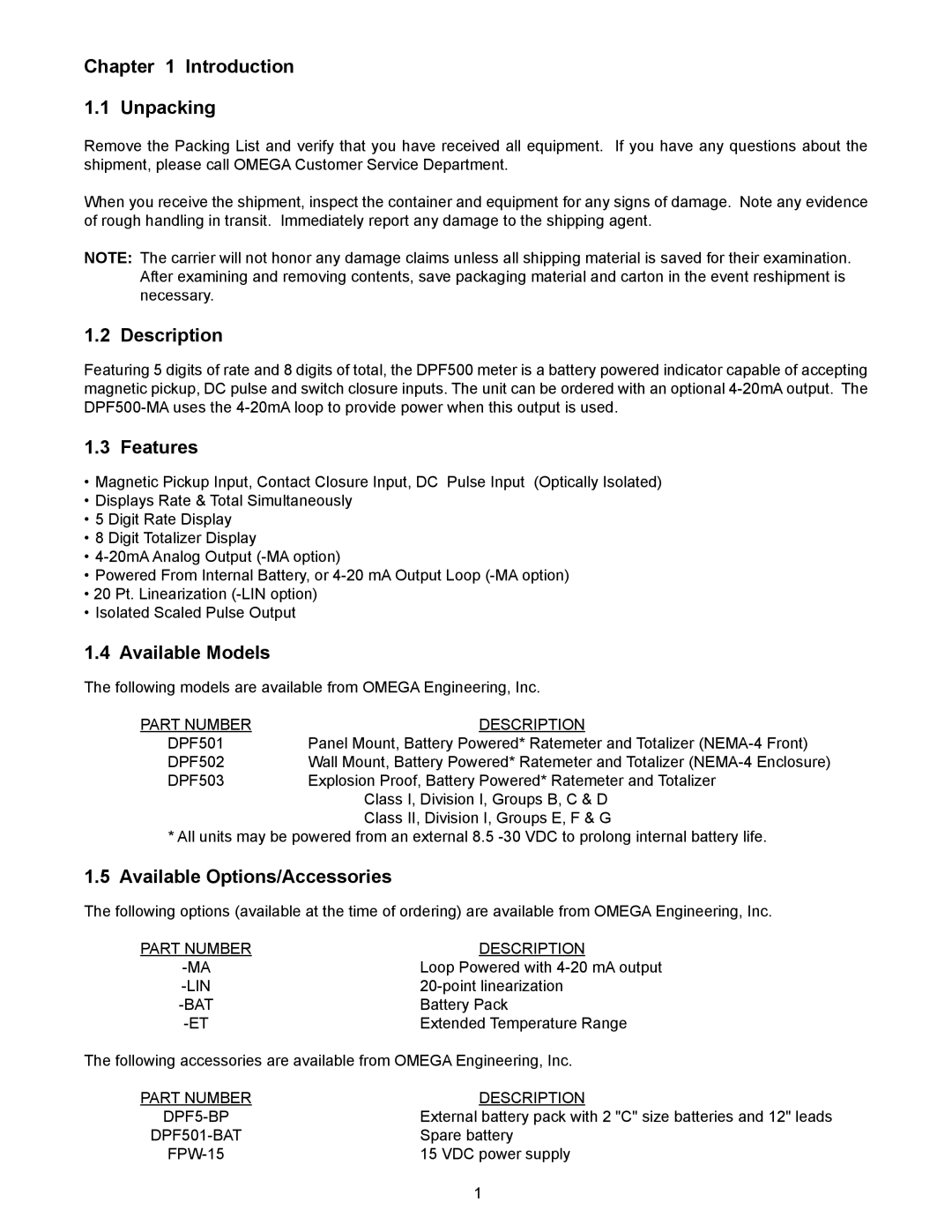 Omega DPF500 Series manual Introduction Unpacking, Description, Features, Available Models, Available Options/Accessories 