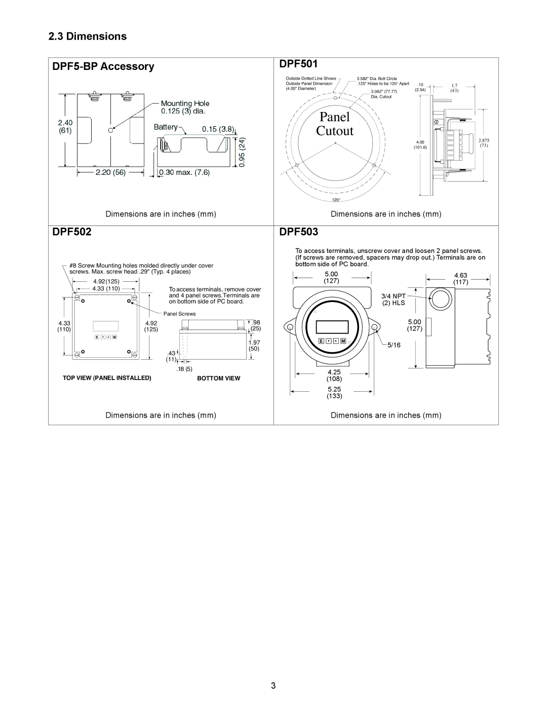 Omega DPF500 Series manual Dimensions DPF5-BP Accessory, DPF502, DPF501, DPF503 