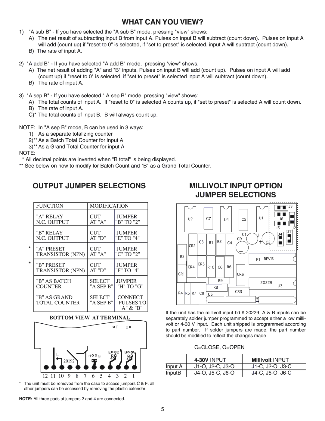 Omega DPF76, DPF78, DPF75 What can YOU VIEW?, Output Jumper Selections Millivolt Input Option, =Close, O=Open, 30V Input 