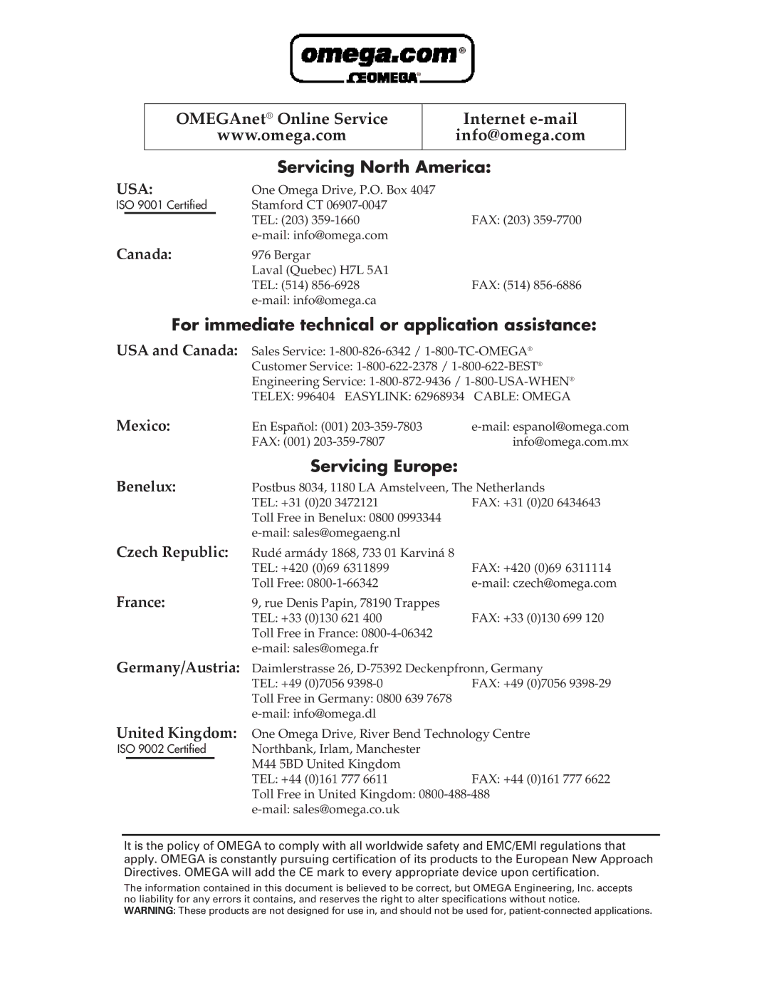 Omega DPF75, DPF78, DPF76 manual For immediate technical or application assistance 