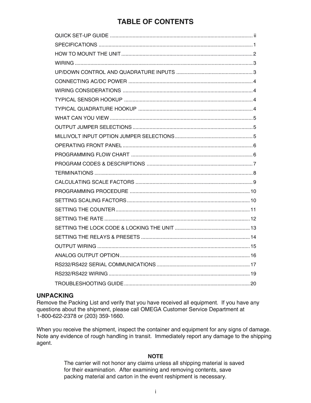 Omega DPF78, DPF76, DPF75 manual Table of Contents 