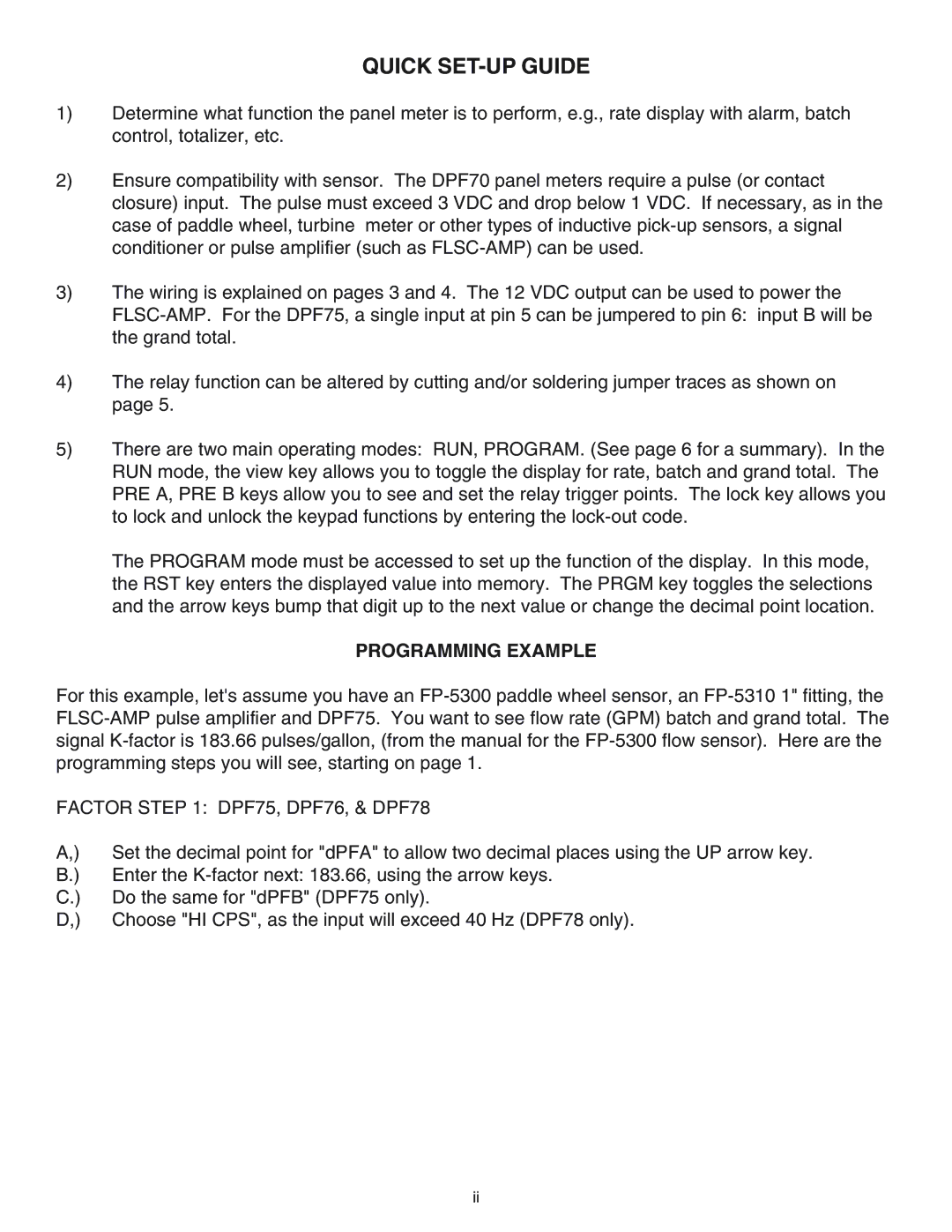 Omega DPF76, DPF78, DPF75 manual Quick SET-UP Guide, Programming Example 