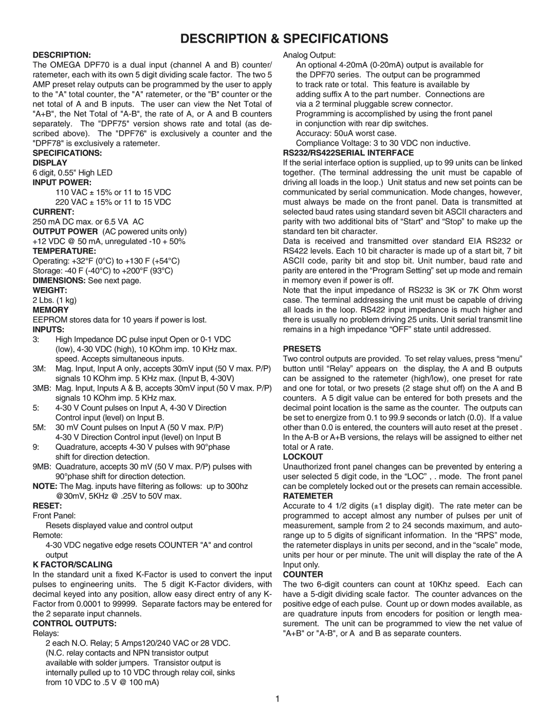 Omega DPF78, DPF76, DPF75 manual Description & Specifications 