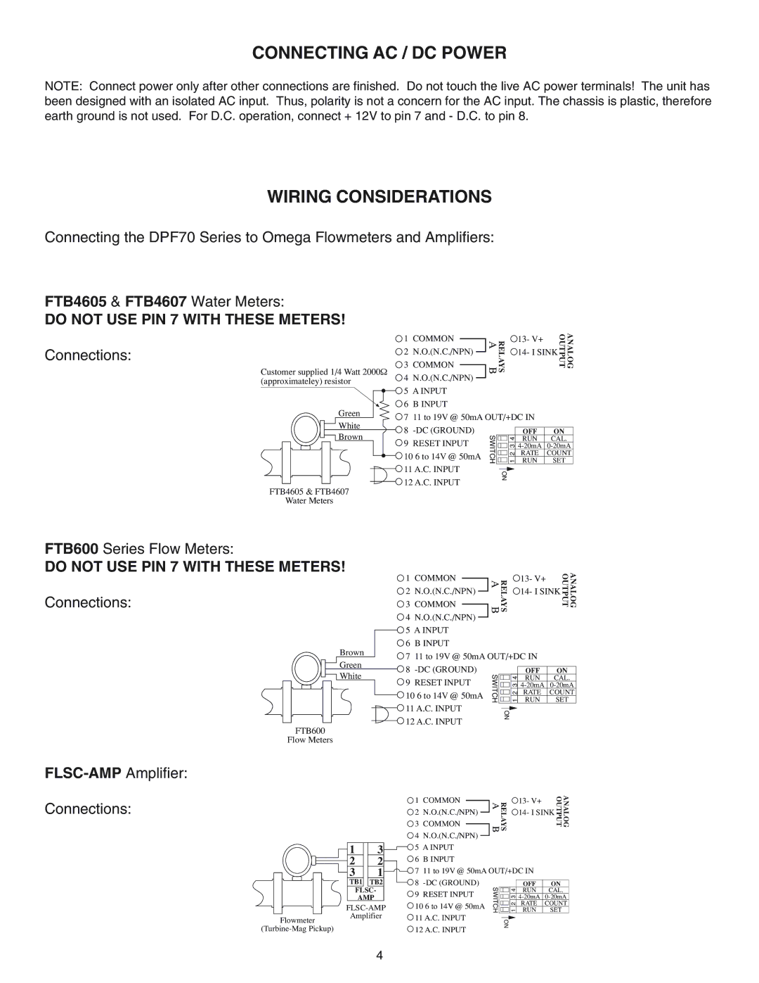 Omega DPF78, DPF76, DPF75 manual Connecting AC / DC Power Wiring Considerations, Do not USE PIN 7 with These Meters 