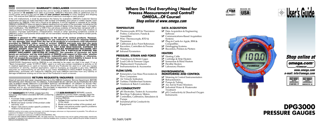 Omega DPG3000 warranty Temperature, PRESSURE, Strain and Force, Data Acquisition, Heaters, Flow/Level 