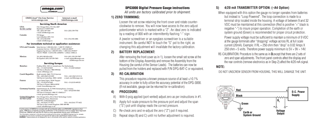 Omega DPG3000 warranty Zero Trimming, Battery Replacement, Re-Calibration, Procedure 