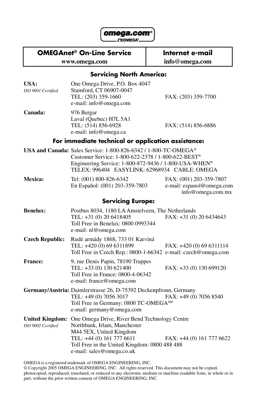Omega DPG5000 manual OMEGAnet On-Line Service Internet e-mail, Info@omega.com 