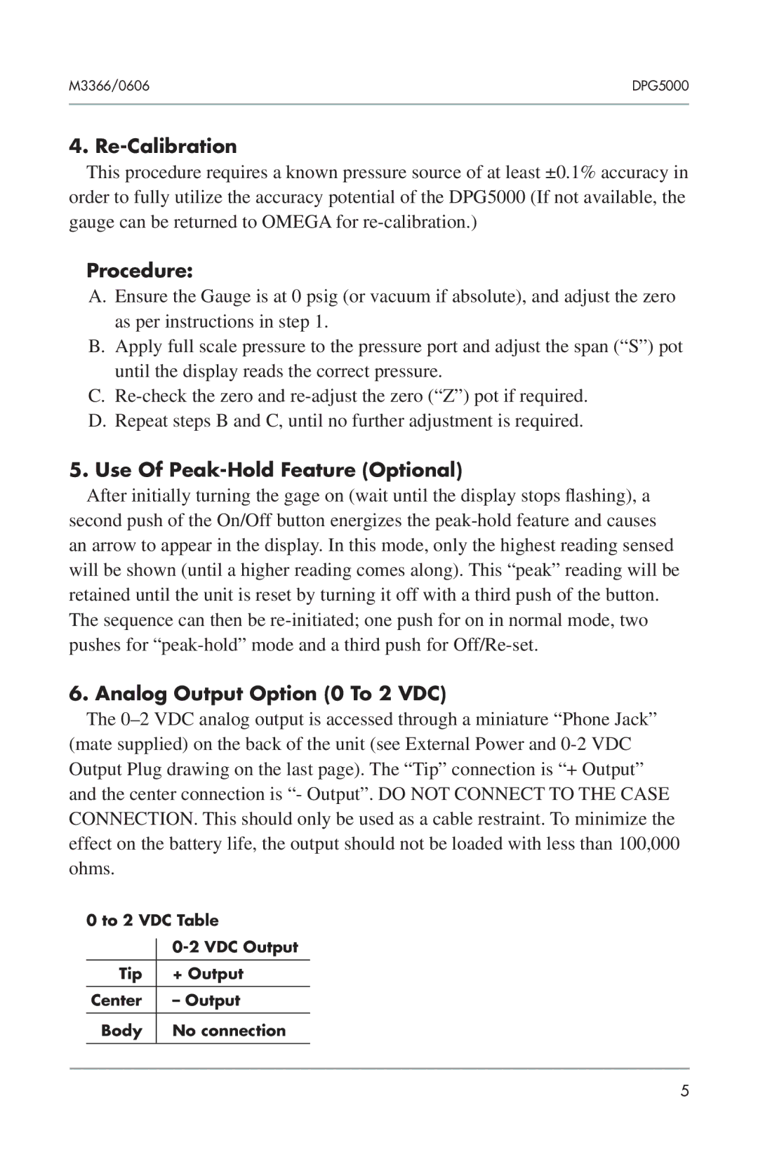 Omega DPG5000 manual Re-Calibration, Procedure, Use Of Peak-Hold Feature Optional, Analog Output Option 0 To 2 VDC 