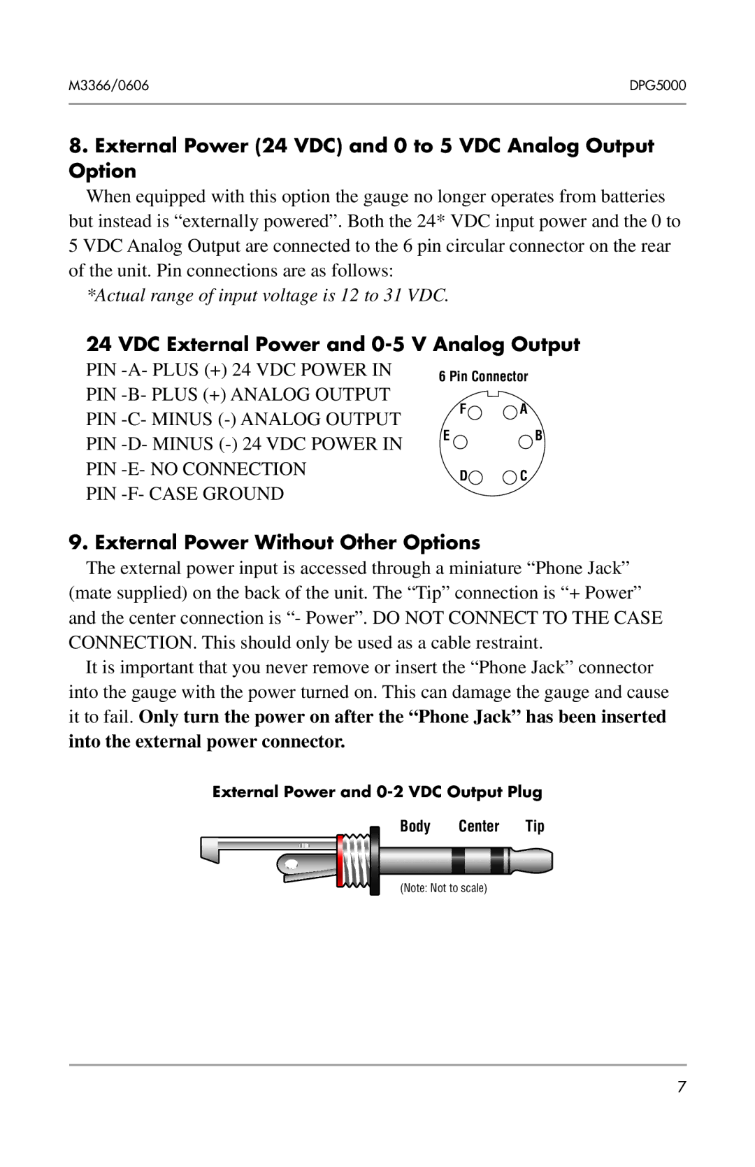 Omega DPG5000 manual External Power 24 VDC and 0 to 5 VDC Analog Output Option, VDC External Power and 0-5 V Analog Output 