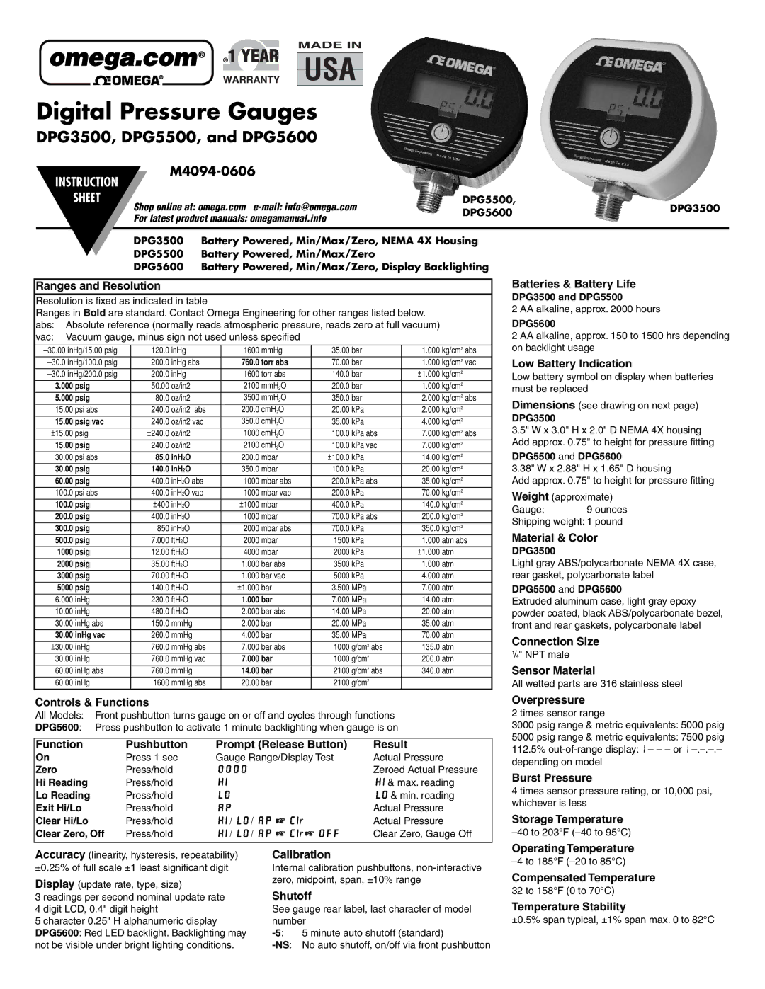 Omega DPG5600 instruction sheet Ranges and Resolution, Controls & Functions, Batteries & Battery Life, Material & Color 