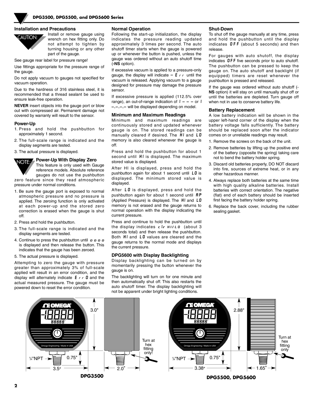 Omega DPG3500, DPG5500 Installation and Precautions, Power-Up, Normal Operation, Minimum and Maximum Readings, Shut-Down 