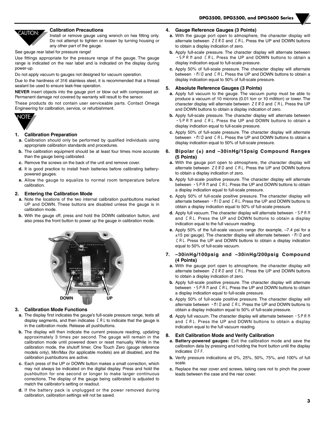 Omega DPG5500, DPG5600, DPG3500 Calibration Preparation, Entering the Calibration Mode, Calibration Mode Functions 