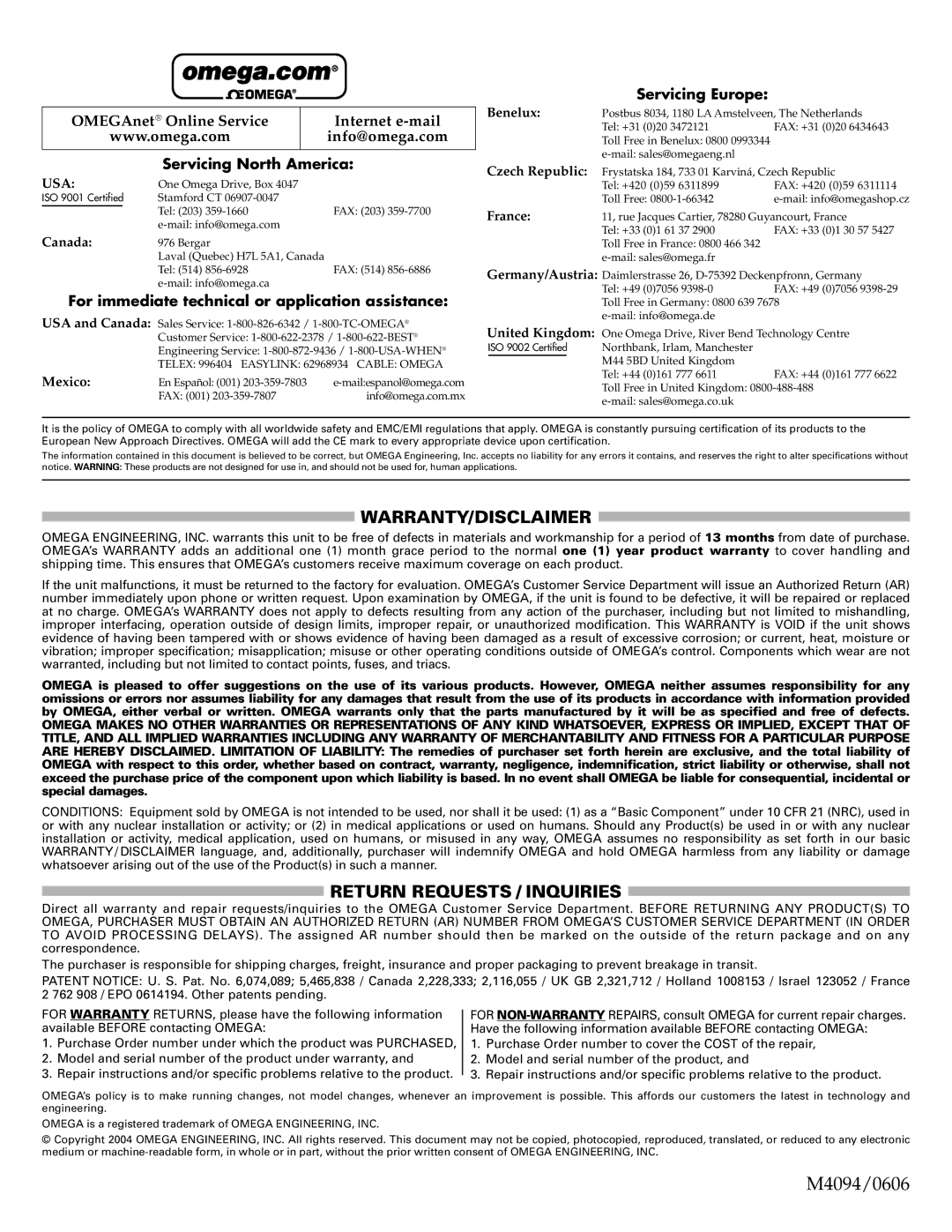 Omega DPG5600, DPG5500, DPG3500 instruction sheet M4094/0606 