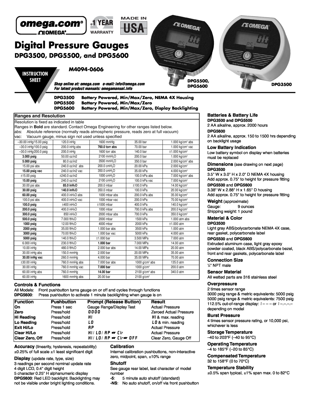 Omega DPG5600 instruction sheet M4094-0606, Ranges and Resolution, Controls & Functions, Pushbutton, Prompt Release Button 