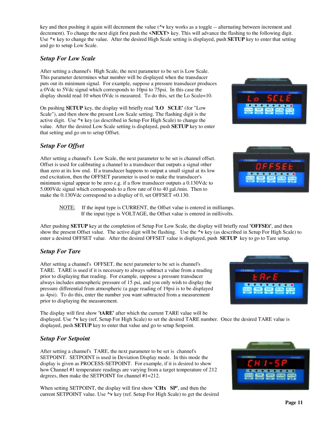 Omega DPS3100, DPS3200 manual Setup For Low Scale, Setup For Offset, Setup For Tare, Setup For Setpoint 
