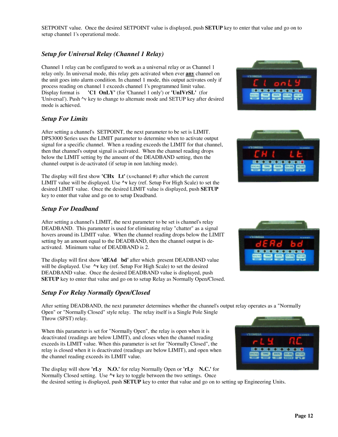 Omega DPS3200, DPS3100 manual Setup for Universal Relay Channel 1 Relay, Setup For Limits, Setup For Deadband 