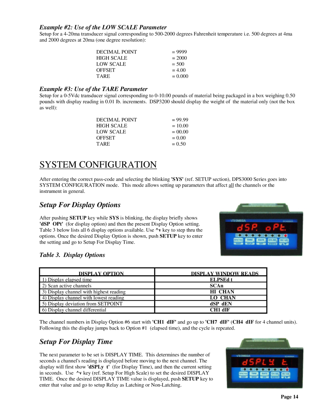 Omega DPS3200, DPS3100 manual System Configuration, Setup For Display Options, Setup For Display Time 