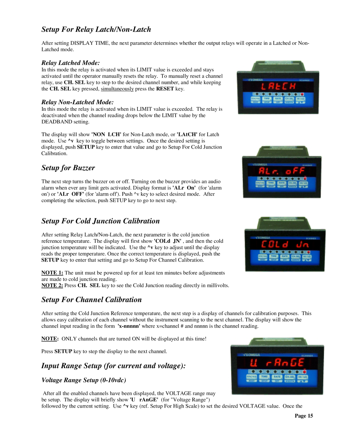 Omega DPS3100, DPS3200 manual Setup For Relay Latch/Non-Latch, Setup for Buzzer, Setup For Cold Junction Calibration 