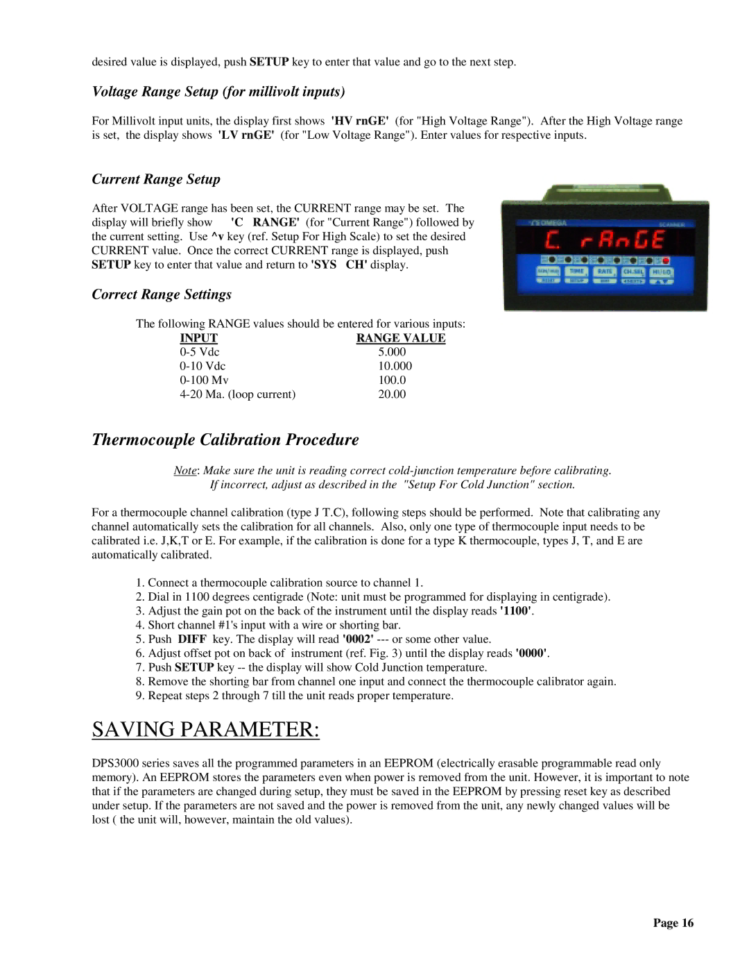 Omega DPS3200, DPS3100 manual Saving Parameter, Thermocouple Calibration Procedure, Voltage Range Setup for millivolt inputs 