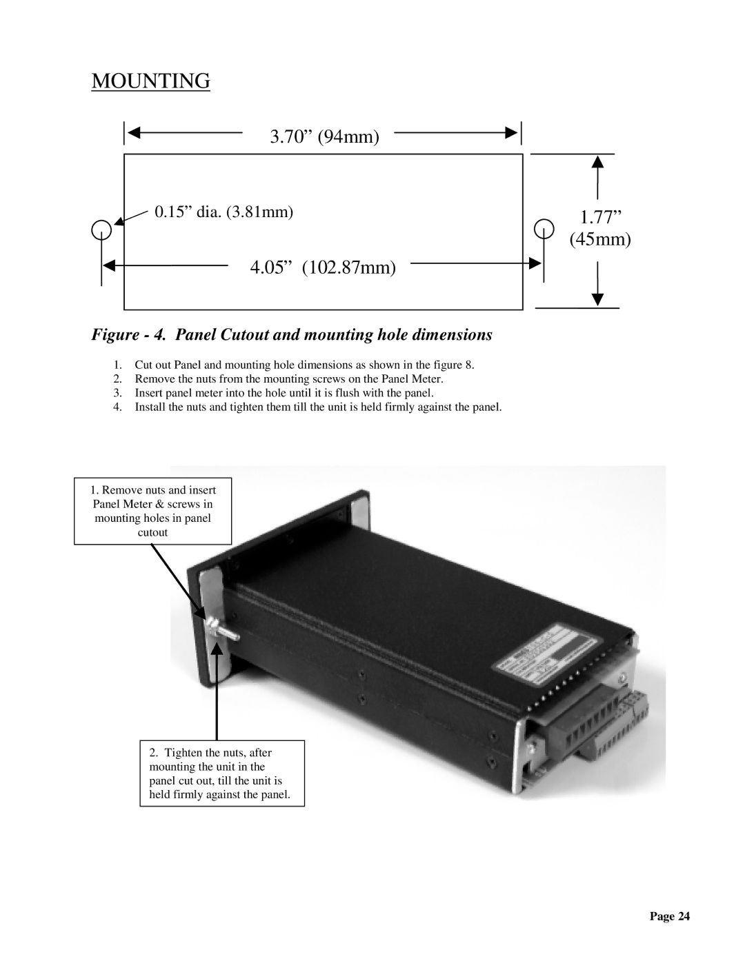 Omega DPS3200, DPS3100 manual Mounting, Panel Cutout and mounting hole dimensions 