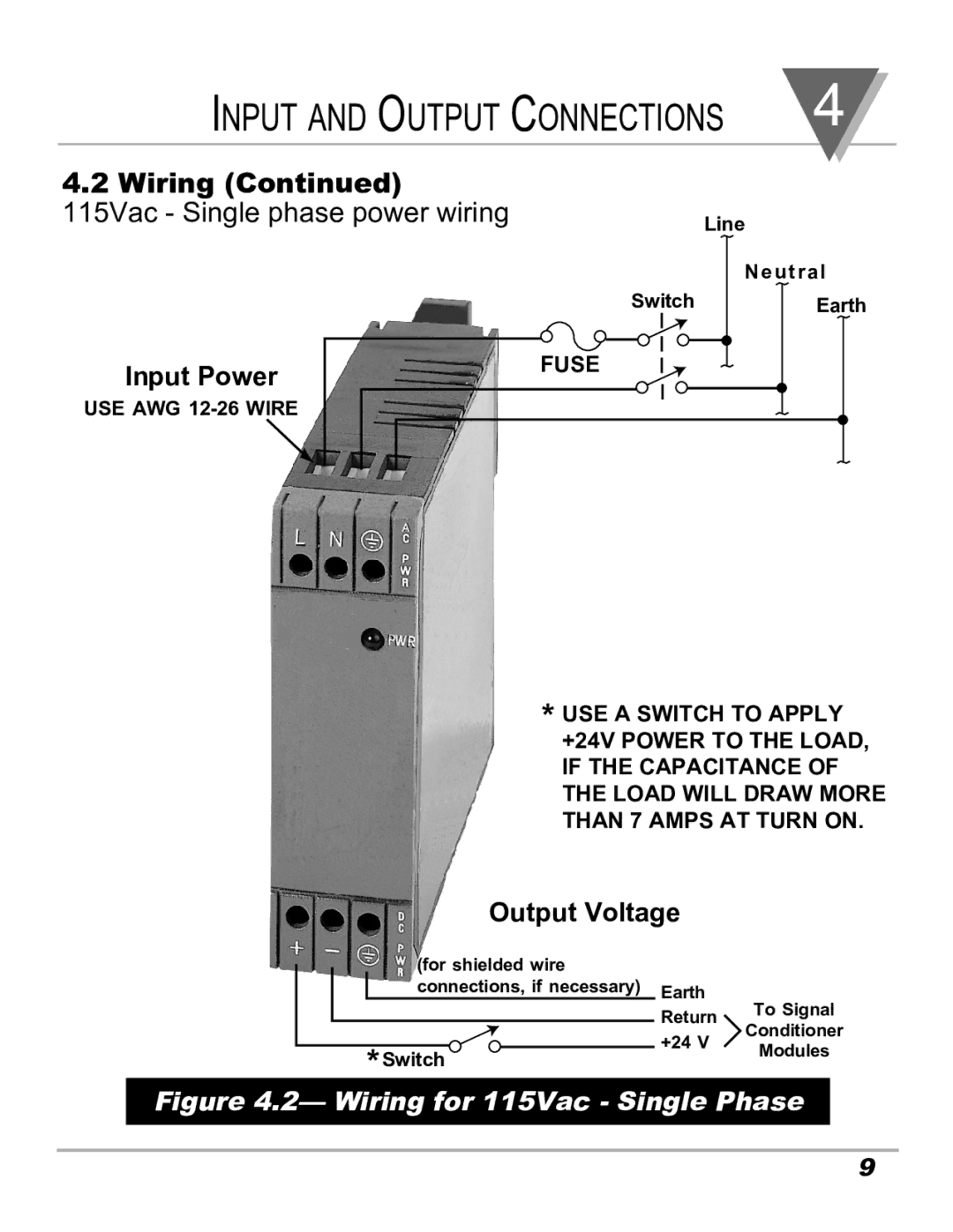 Omega DRN-PS-1000 manual Input and Output Connections, Wiring 115Vac Single phase power wiring 