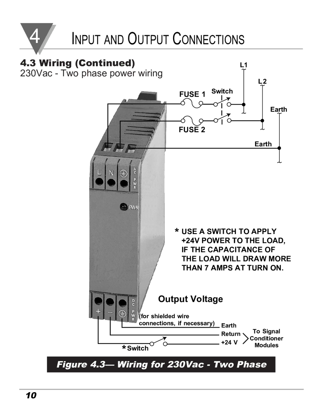 Omega DRN-PS-1000 manual 230Vac Two phase power wiring 