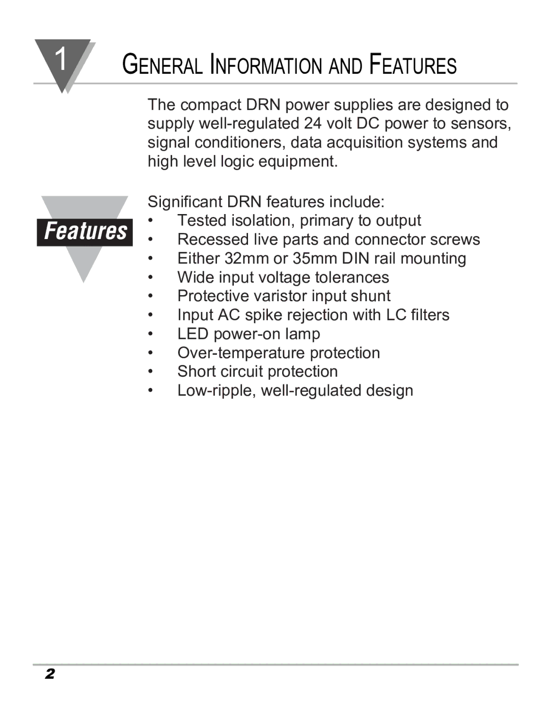 Omega DRN-PS-1000 manual Features 