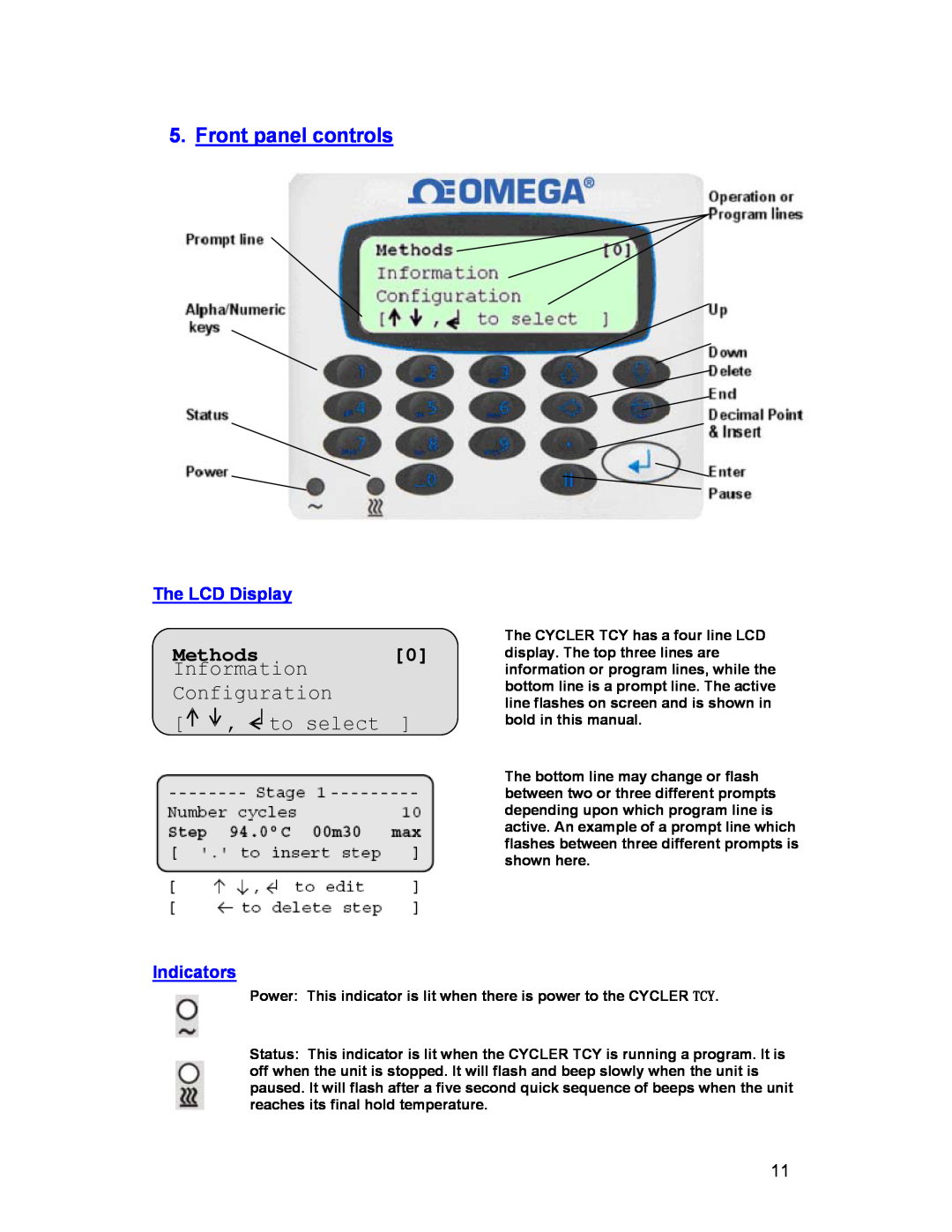 Omega Engineering 25, 48 Front panel controls, Programs, Methods, Information, Configuration, to select, The LCD Display 