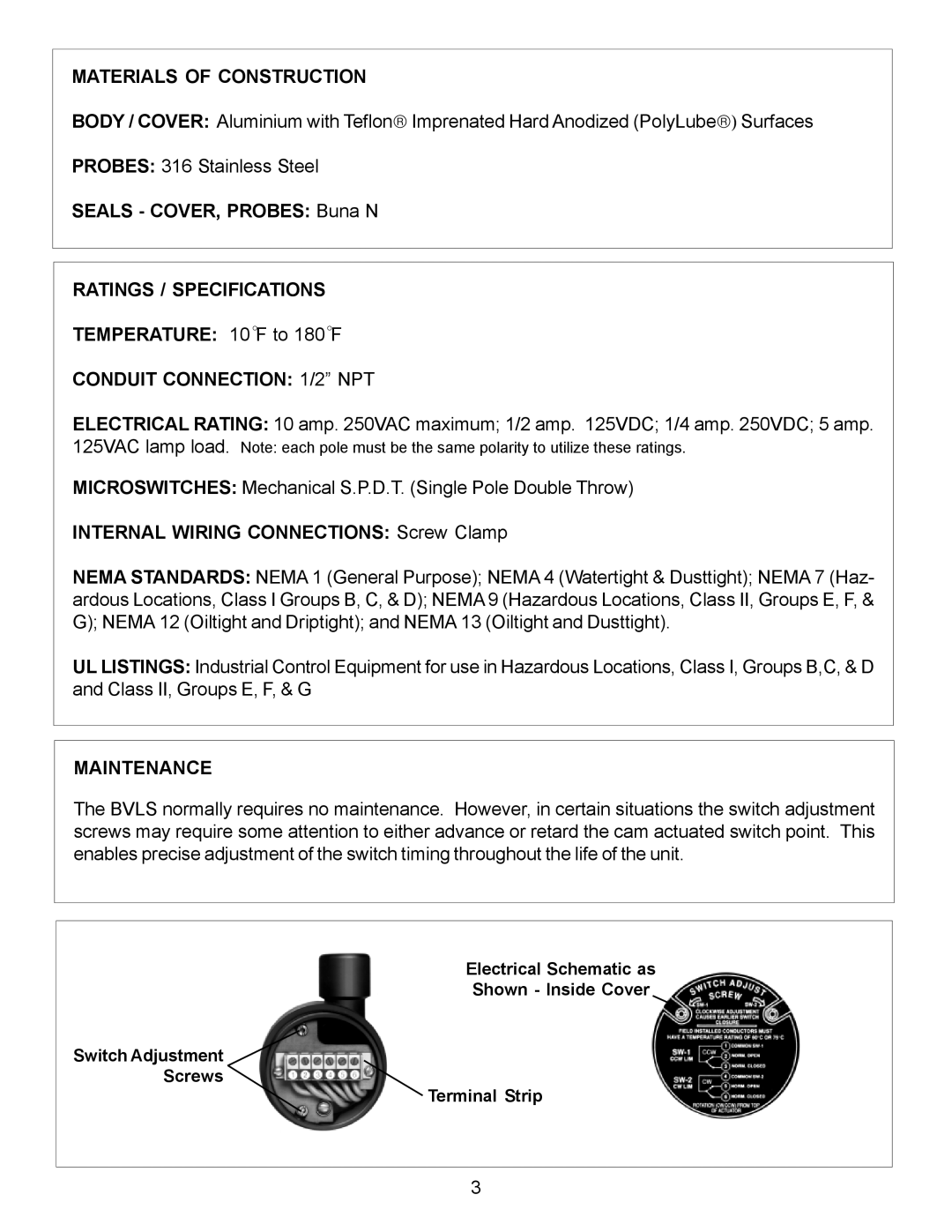 Omega Engineering BVLS Series manual Seals COVER, Probes Buna N, Temperature 10 F to 180 F 