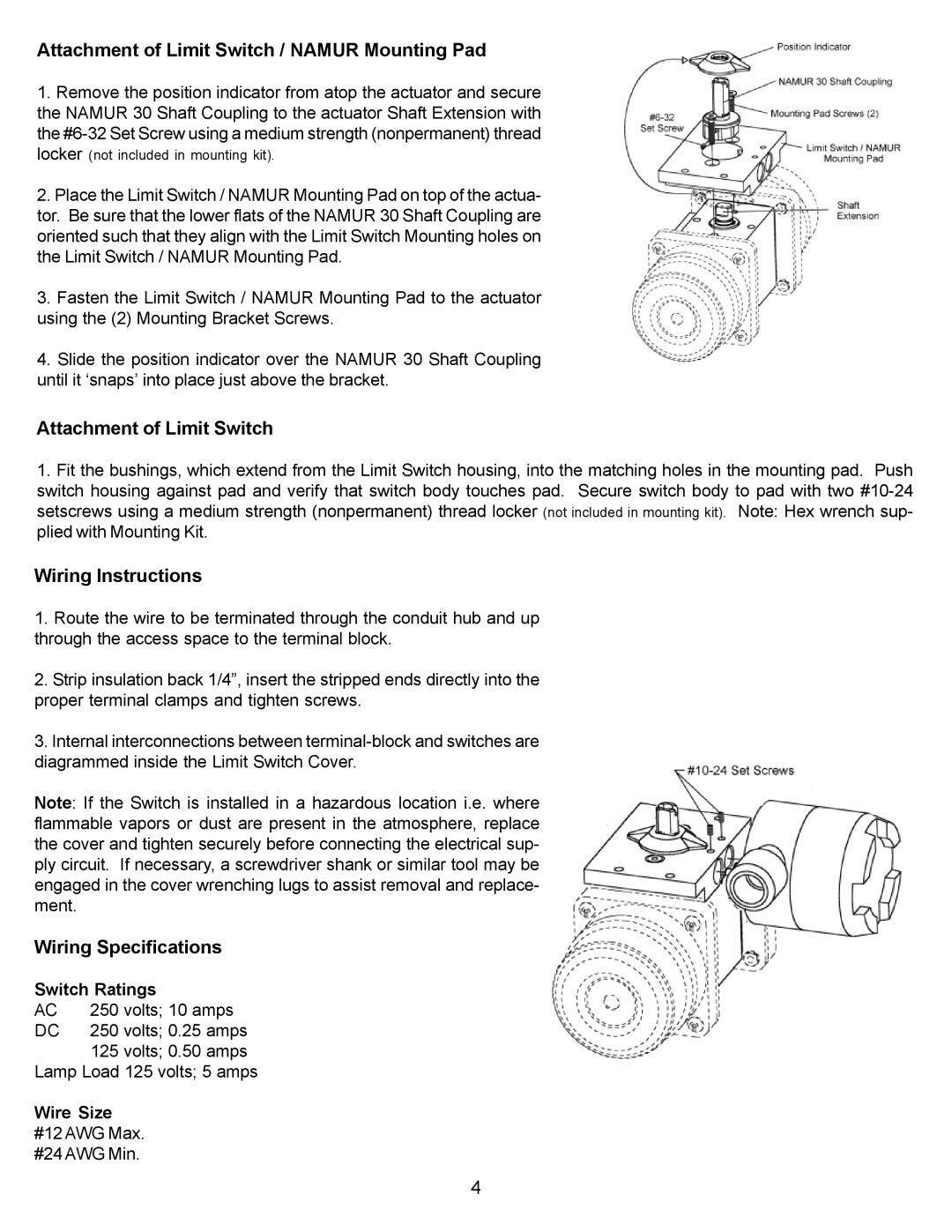 Omega Engineering BVLS Series Attachment of Limit Switch / Namur Mounting Pad, Wiring Instructions, Wiring Specifications 