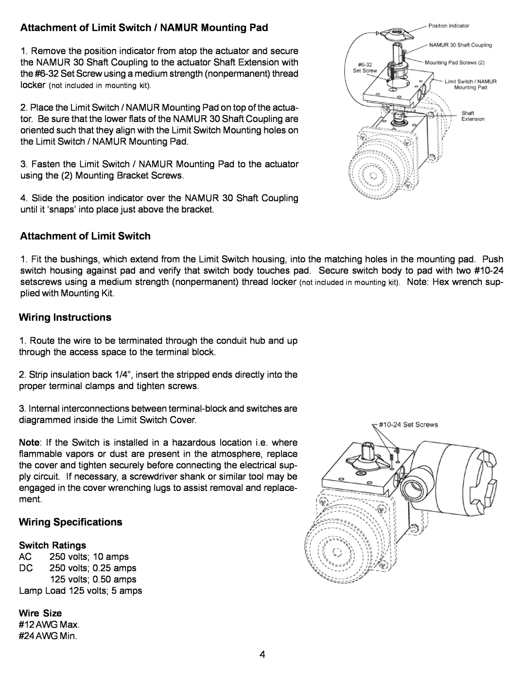 Omega Engineering BVLS Series Attachment of Limit Switch / NAMUR Mounting Pad, Wiring Instructions, Wiring Specifications 