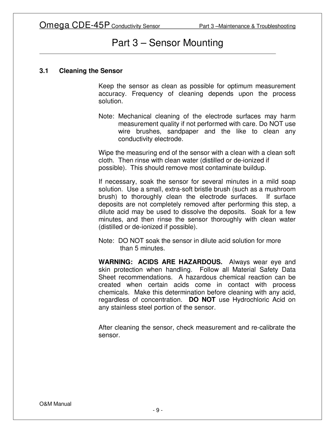 Omega Engineering CDE-45P manual Part 3 Sensor Mounting, Cleaning the Sensor 