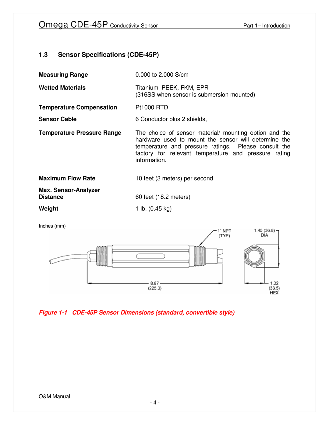 Omega Engineering manual Sensor Specifications CDE-45P, Temperature Pressure Range 