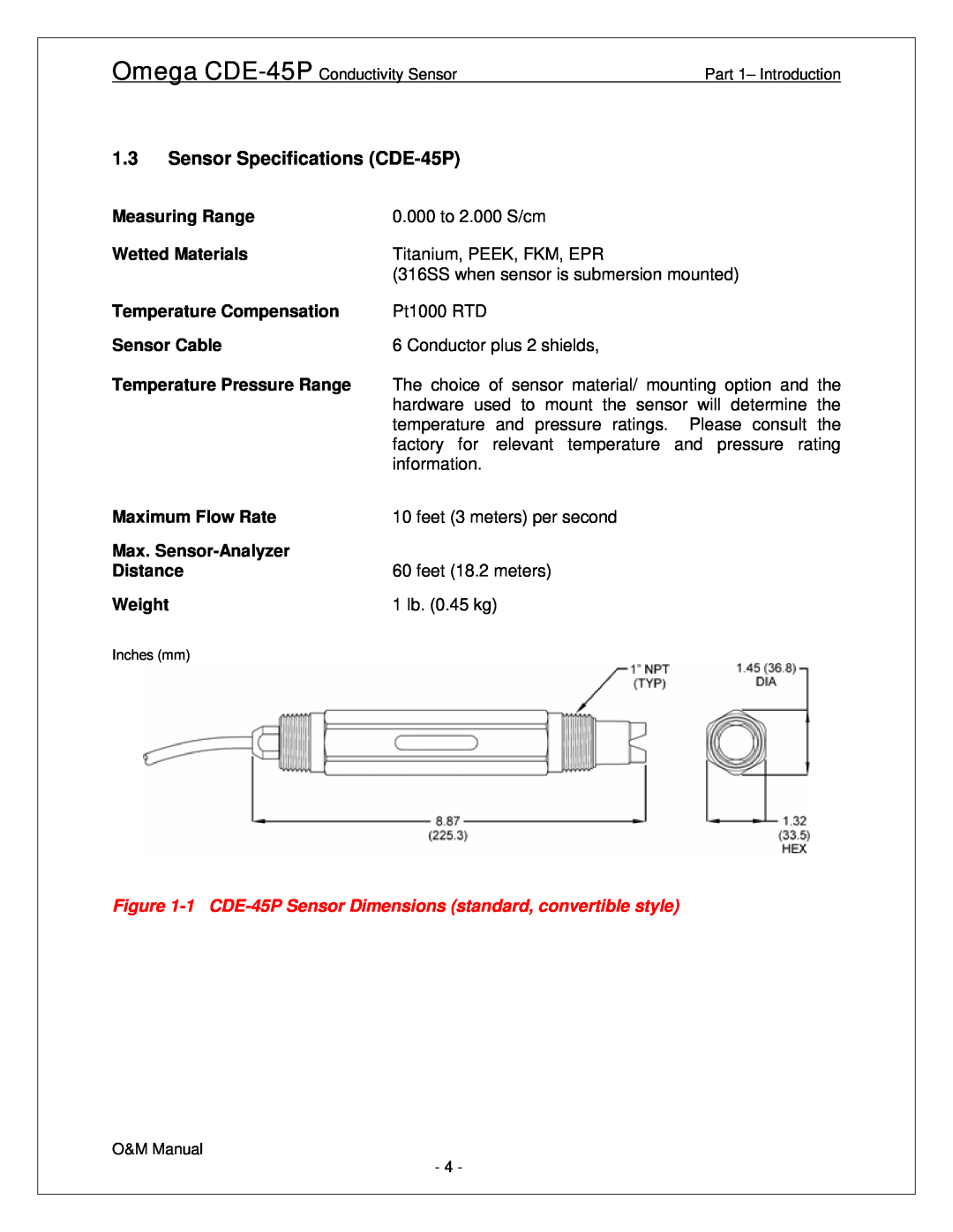 Omega Engineering Sensor Specifications CDE-45P, Measuring Range, Wetted Materials, Temperature Compensation, Distance 