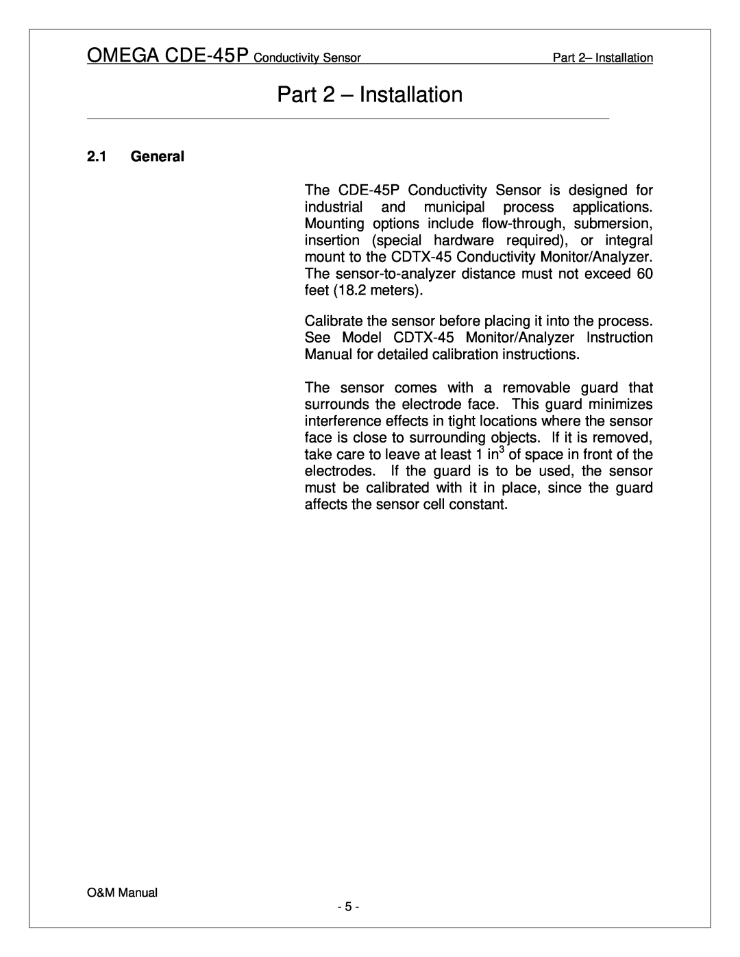 Omega Engineering CDE-45P manual Part 2 - Installation, General 