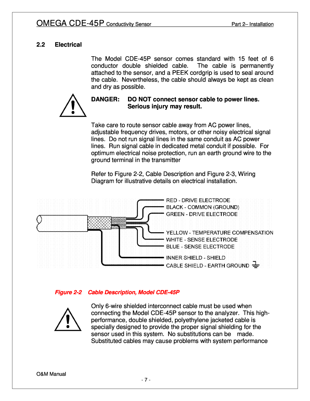 Omega Engineering CDE-45P manual Electrical, DANGER DO NOT connect sensor cable to power lines, Serious injury may result 