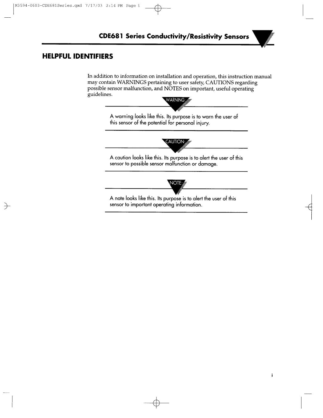 Omega Engineering CDE681 manual Helpful Identifiers, CDE68 1 Series Conductivity/Resistivity Sensors 